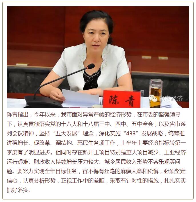陳青在市政府全體會(huì)議上強(qiáng)調(diào)：緊盯一個(gè)目標(biāo)抓好九大任務(wù)落實(shí)強(qiáng)化三項(xiàng)保障，確保全市經(jīng)濟(jì)社會(huì)持續(xù)快速發(fā)展